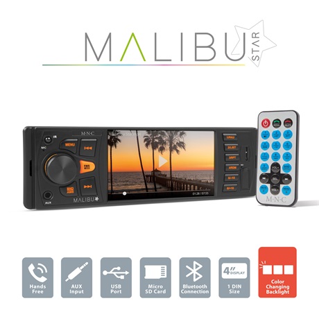 FEJEGYSÉG "MALIBU" - 1 DIN - 4 X 50 W - LCD - BT - MP5 - AUX - SD - USB 1 FEJEGYSÉG "MALIBU" - 1 DIN - 4 X 50 W - LCD - BT - MP5 - AUX - SD - USB