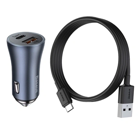 AUTÓS TÖLTŐ USB+TYPE-C ALJZAT 40W, PD GYORSTÖLTŐ 4.0, LED JELZÉS + TYPE-C KÁBEL