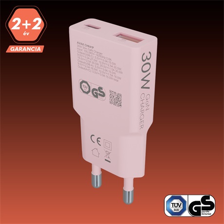 HÁLÓZATI TÖLTŐ, 30W, USB-C, USB-A, PINK 3 HÁLÓZATI TÖLTŐ, 30W, USB-C, USB-A, PINK - Image 3