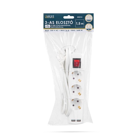 ELOSZTÓ 3-AS, 1,5 M, 2 X USB-VEL, KAPCSOLÓS 2 ELOSZTÓ 3-AS, 1,5 M, 2 X USB-VEL, KAPCSOLÓS - 2. kép